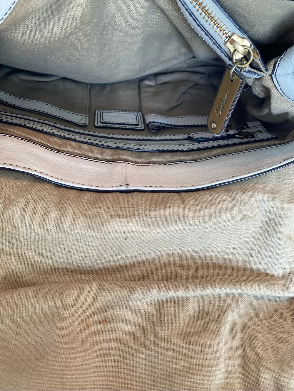 Vintage Cole Haan Cream Leather Satchel with Gold Hardware and Woven Side Panels